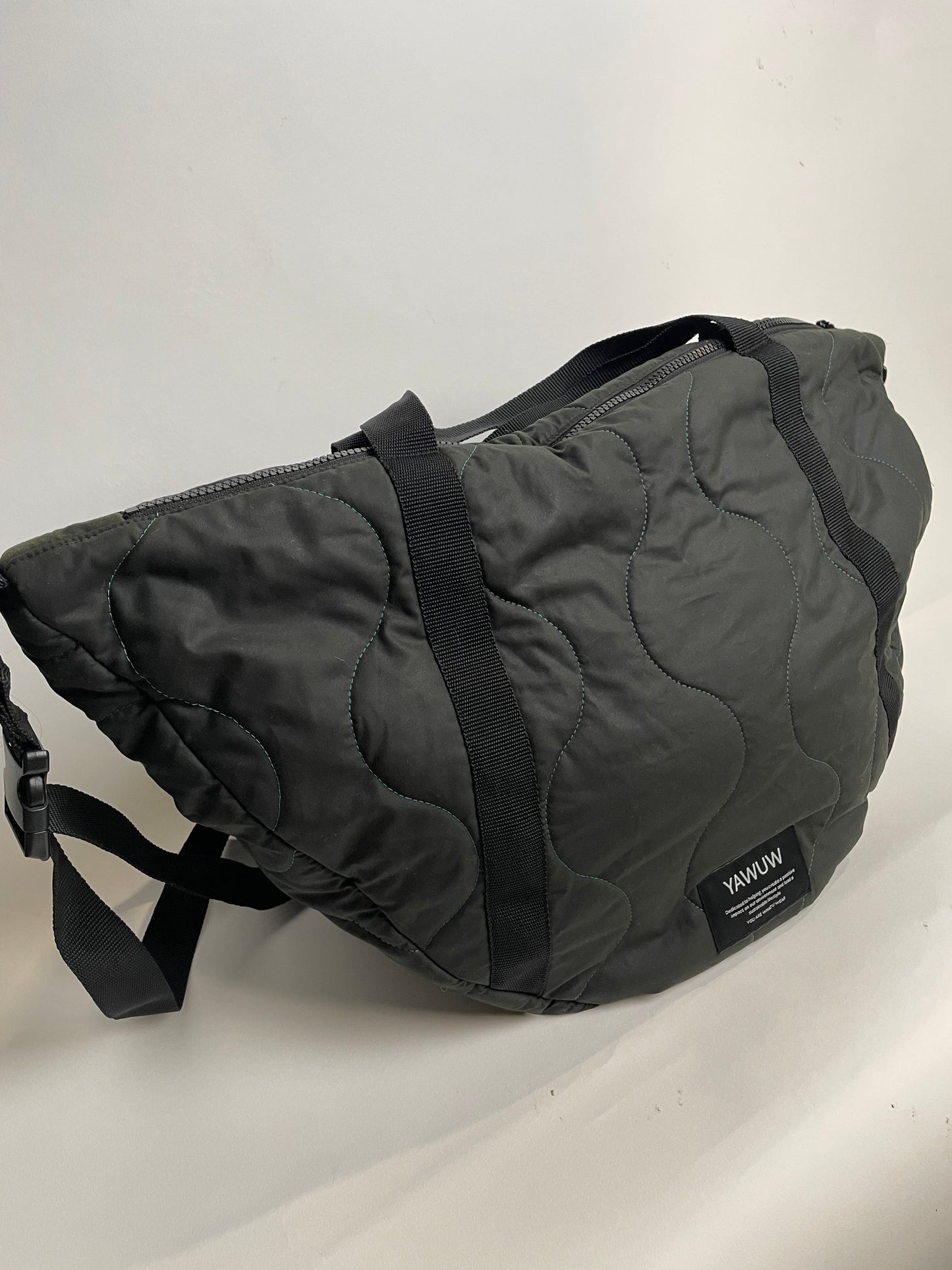 Quilted Olive Green Large Bag - Unisex ( Mint green stitching )