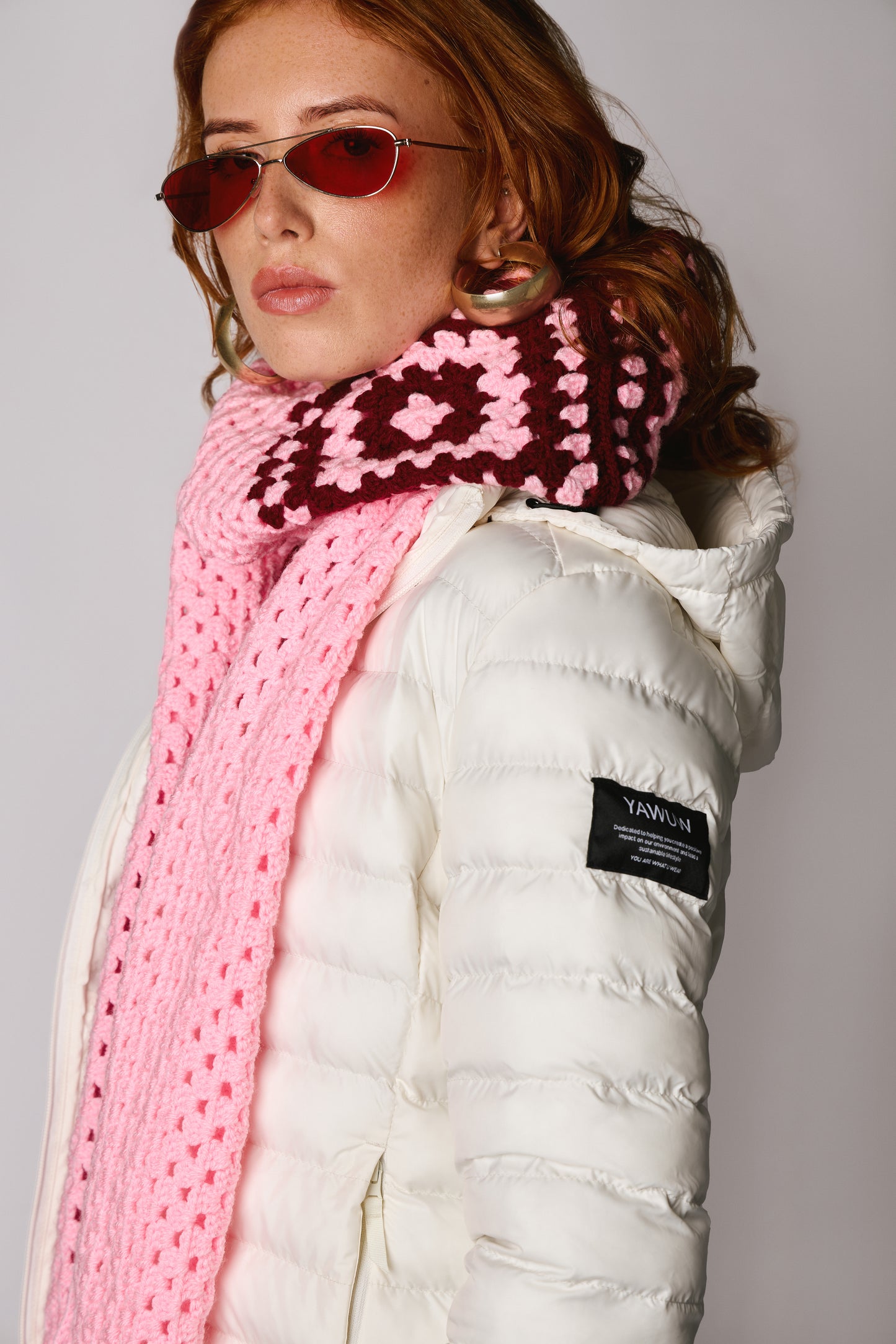 Crochet Hooded Scarf - Wine and Pink
