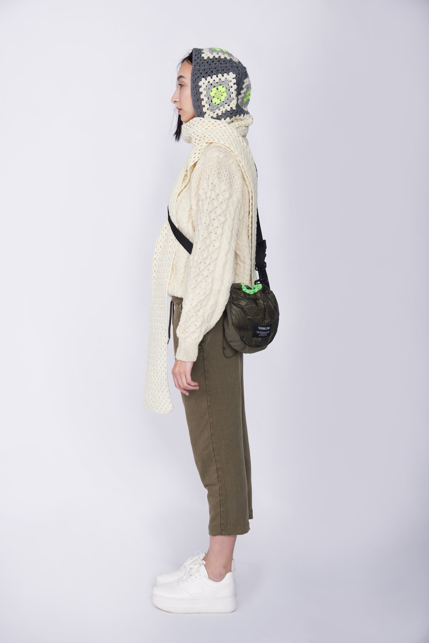 Crochet Hooded Scarf - Grey and Ivory