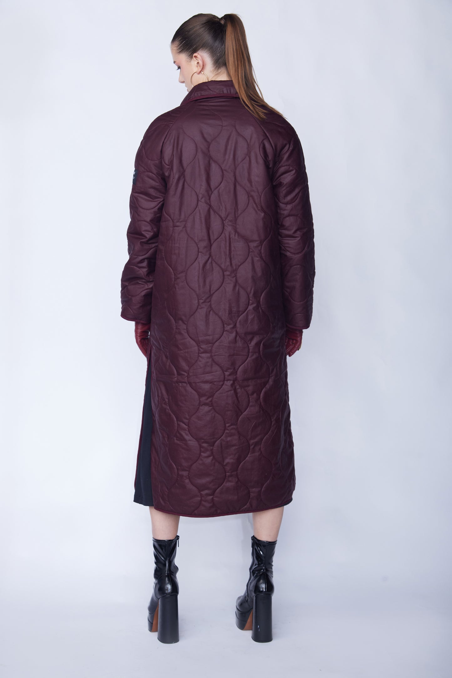 Burgundy Quilted Coat - Made from organic wax cotton filled with wool quilting