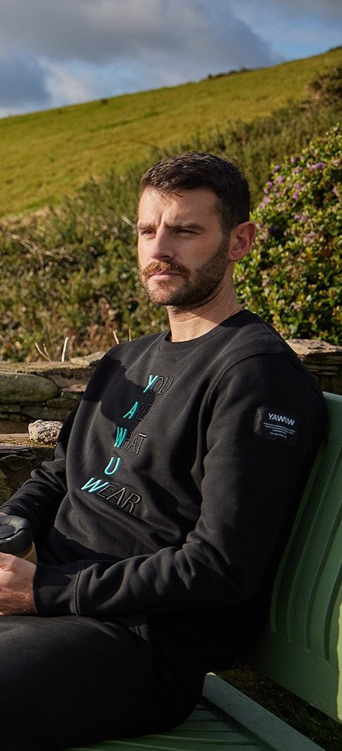 Mens black organic cotton and recycled polyester sweatshirt. Designed in Ireland.