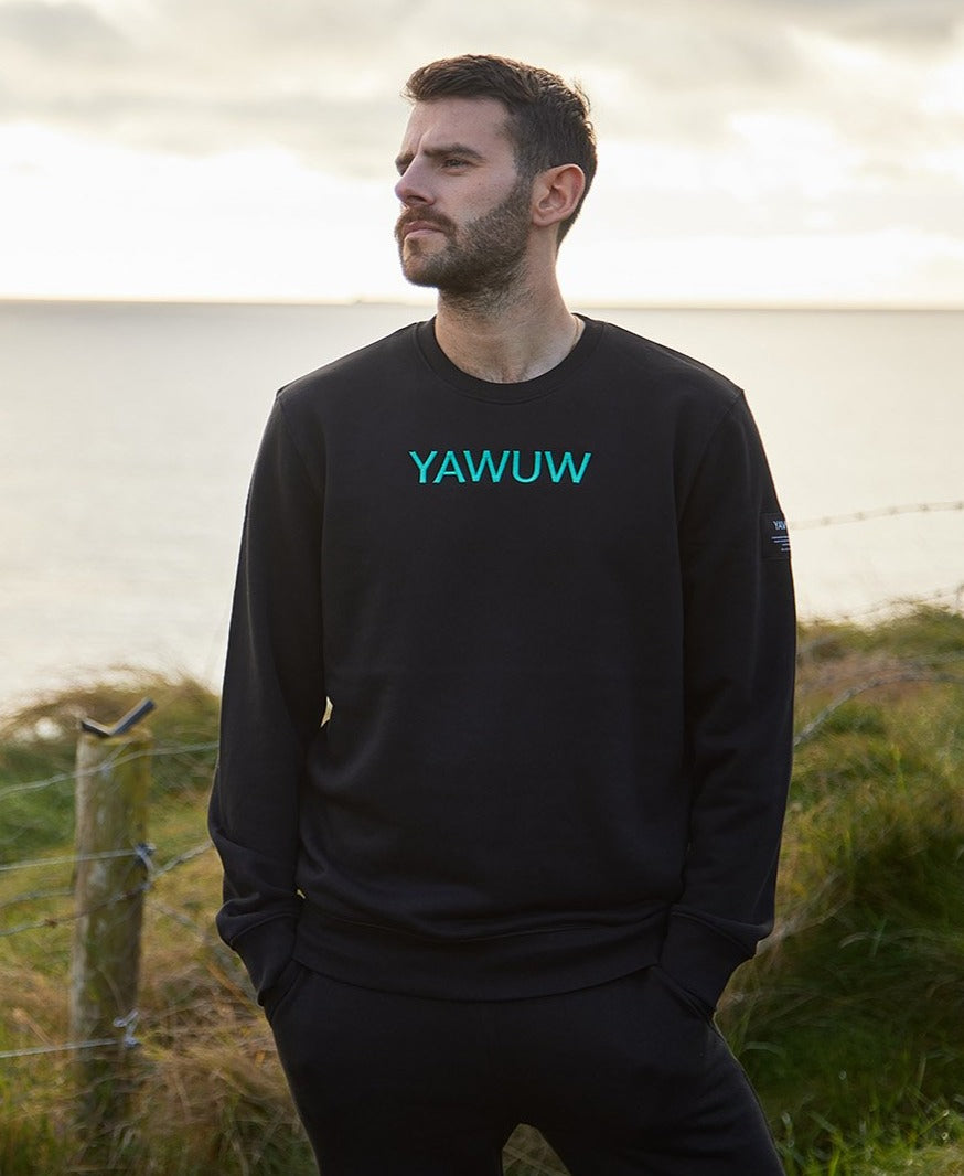 Mens black semi fitted crewneck sweatshirt, made from organic cotton and recycled polyester.