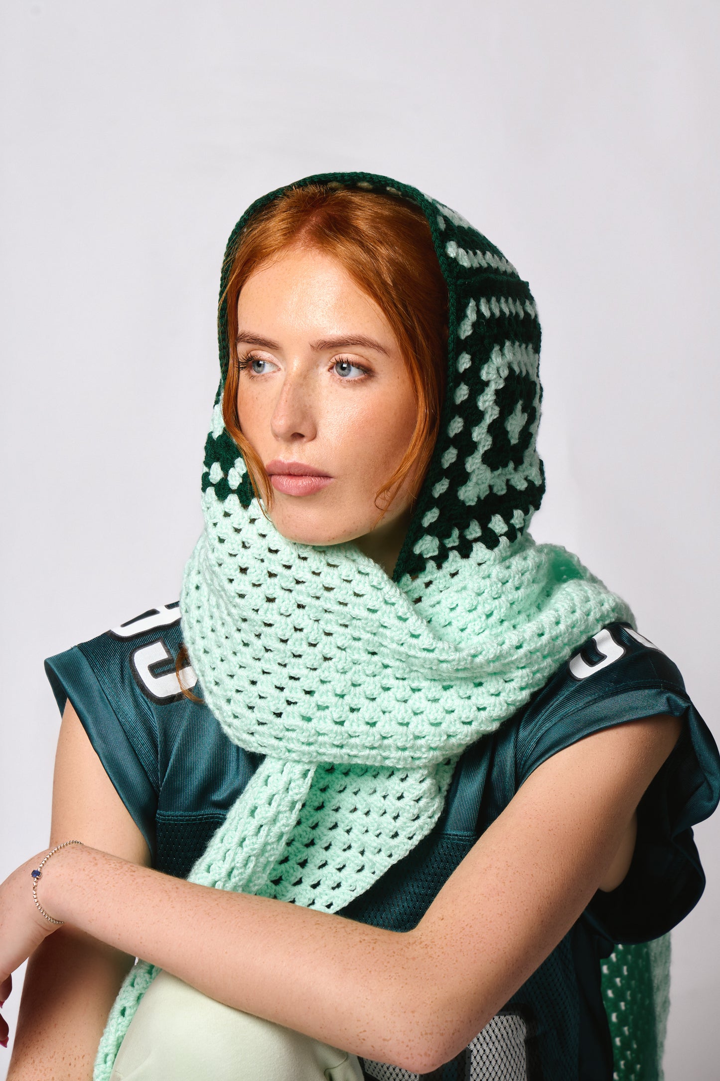 Crochet Hooded Scarf - Mint and Green