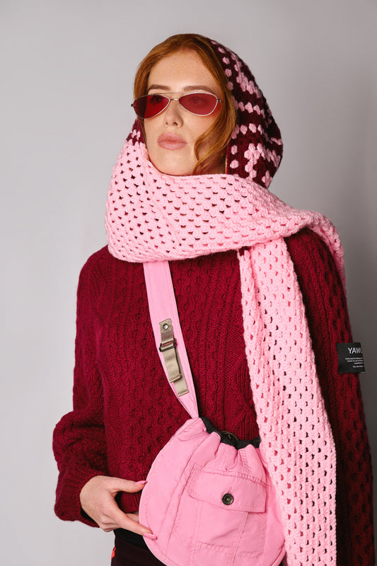 Crochet Hooded Scarf - Wine and Pink