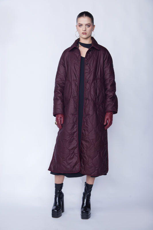 Burgundy Quilted Coat - Made from organic wax cotton filled with wool quilting