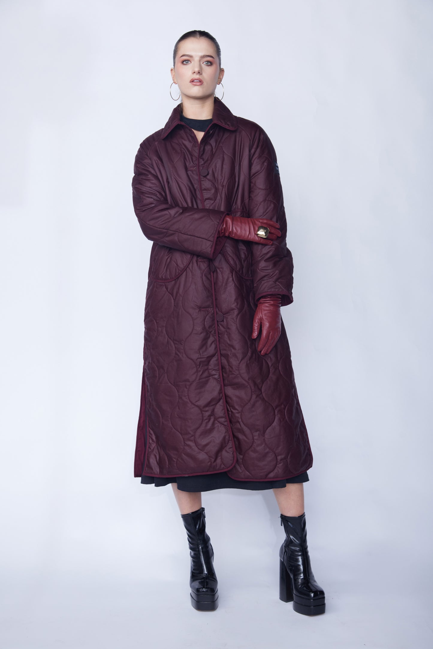 Burgundy Quilted Coat - Made from organic wax cotton filled with wool quilting