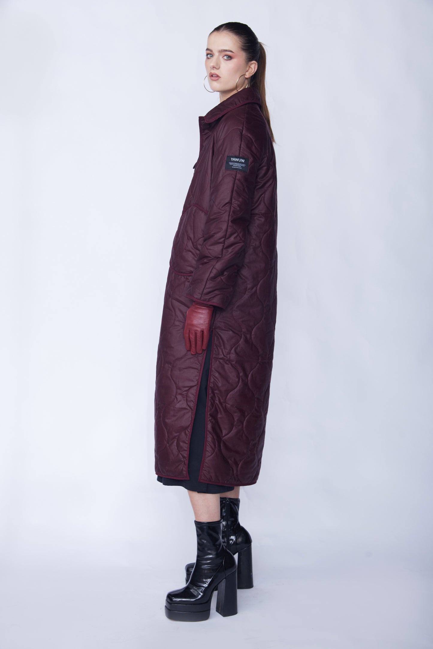 Burgundy Quilted Coat - Made from organic wax cotton filled with wool quilting
