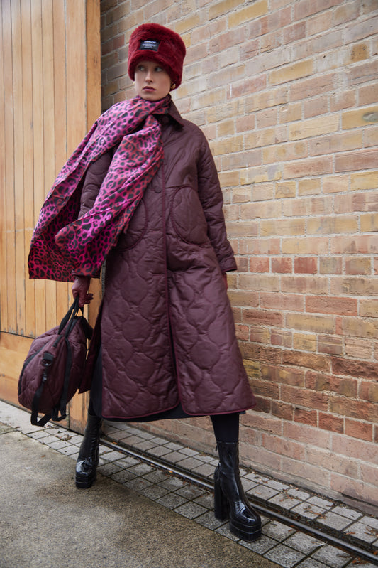 Burgundy Quilted Coat - Made from organic wax cotton filled with wool quilting