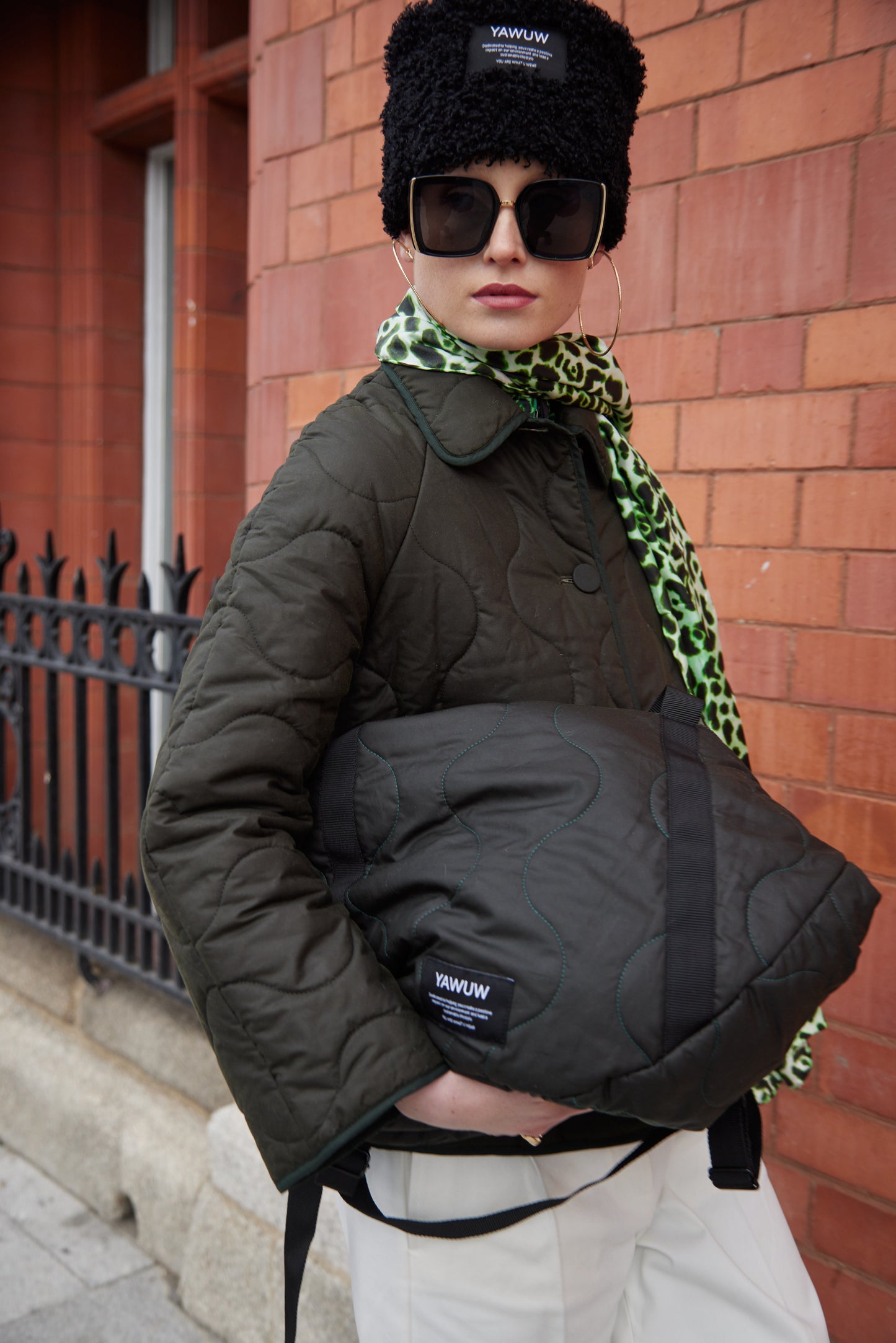 Quilted Olive Green Large Bag - Unisex ( Dark Green Stitching )