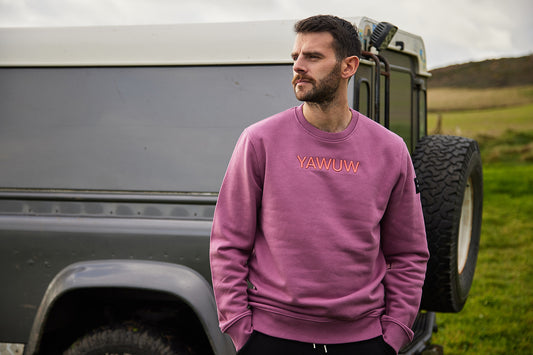 Mens mauve sweatshirt with Yawuw logo, organic cotton and recycled polyester